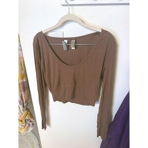 SHEIN crop scoopneck long sleeve tee Brown Ribbed large cocoa brown jeans top lg